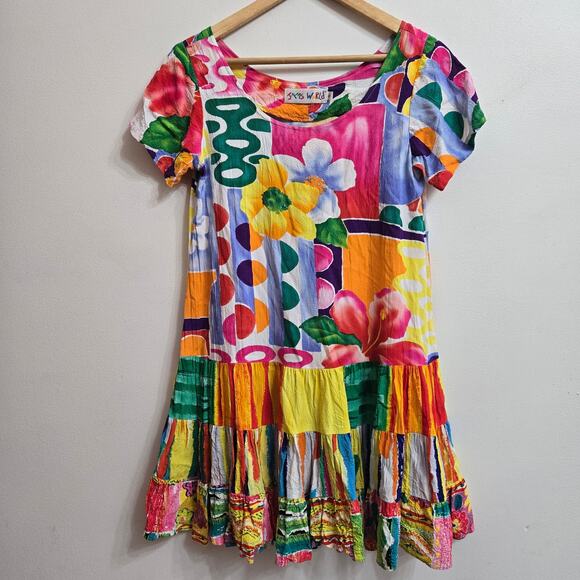 Jams World Vtg 90s Boho Maximalist Dopamine Hawaiian Floral Hattie Tier Dress S - Picture 1 of 8